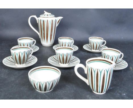 A set of six people retro vintage 20th century circa 1980s Jersey Pottery coffee set to include coffee pot, sugar bowl, milk 