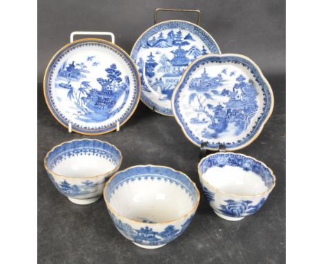 An assortment of 18th century Chinese Qianlong blue &amp; white porcelain items. The lot to include three tea sugar bowls hav