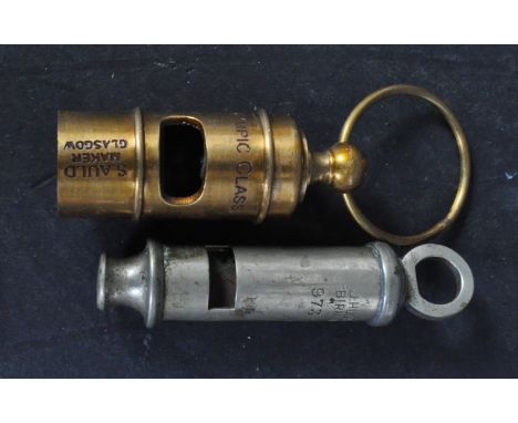 Two vintage 20th century style brass &amp; metal industrial whistles. The lot to include a metal whistle with J. Hudson Birmi