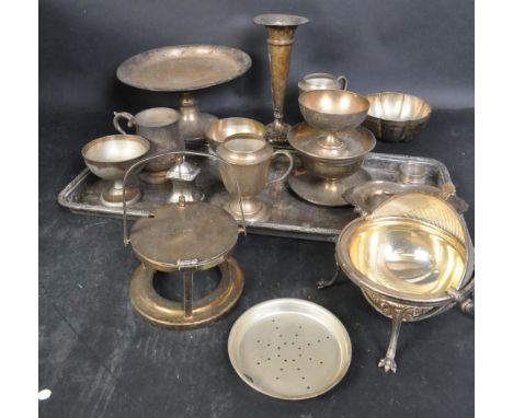A collection of 19th Century metal and silver plate. Comprising of a silver tray, tiered serving plate, candle stick, jugs, a