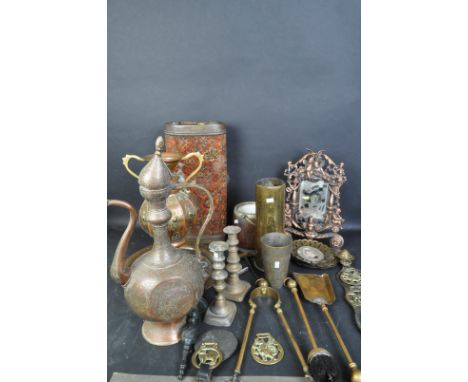 A collection of retro vintage 20th century brass ware items to include Dallah tall coffee pot, brass tall vase with twin hand