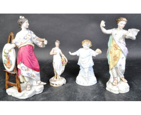 19th century porcelain figurine of an artist next to easel and painting on oval frame. Crossed swords markings to the undersi