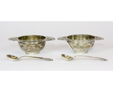 A pair of heavy hallmarked silver salts (W 8cm), marked Sheffield, circa 1896, maker JR, together with a pair of matching spo