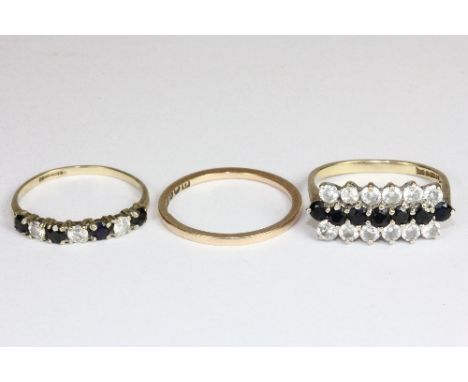 A 9ct gold sapphire and cubic zirconia engagement, eternity and wedding ring set(P)