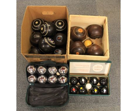 Qty of wooden bowling balls, a set of carpet bowls and set of French boules