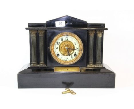 A Victorian black painted classical metal mantle clock, H 29cm