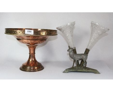 A galleried copper tazza (23cm) and a spelter and glass epergne(25cm)