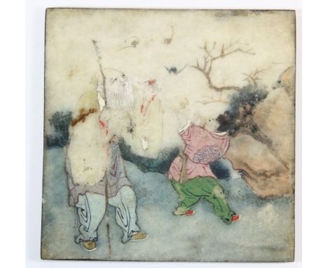 An early 20th century Chinese hand painted marble tile depicting a scholar and an acolyte, 14cm x 14cm