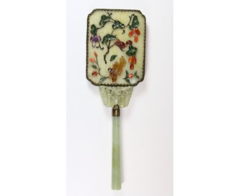 A 1930s Chinese hand mirror with jade handle and mixed carved hardstone decoration, L 28cm