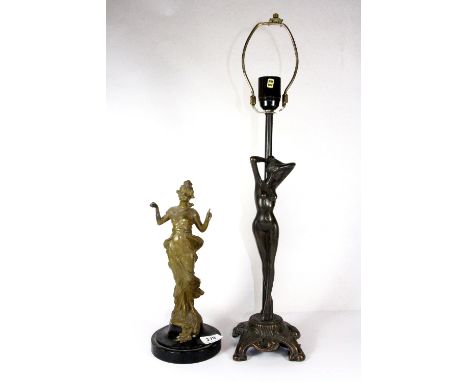 An Art Nouveau painted spelter lady figure and an Art deco style lady lamp