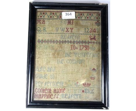 A framed early sampler dated 1750 by Elizabeth Redfern Age 10 (23cm x 30cm) Great Grandaughter of Dorothy Cadbury.