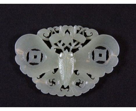 A Chinese celadon jade butterfly amulet, W 7cm