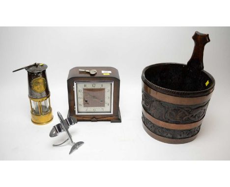 A Victorian brass bound stained oak pail; together with a Fooles Manchester copper and brass miner's safety lamp; oak cased S