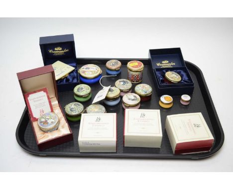 A collection of Crummles enamel pill boxes, including: Vintry Ward pill box; nine with cat motif decoration; and others, most