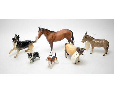 A selection of Beswick ceramic animal figures, including: Jersey bull ‘Coy Boy’; Wendover Billy hound dog; and others; togeth