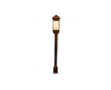 A 20th Century mahogany stick barometer, with bowfront reservoir and paper register in German, 99cms high.