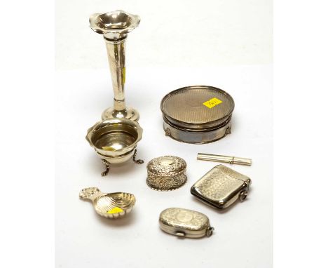 A selection of silver items, including a jewellery box, a vase, a condiment, a sovereign case, vesta case and caddy spoon.