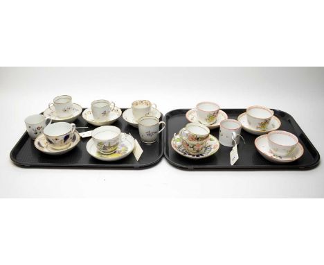 A selection of 18th Century and later New Hall tea cups and saucers, comprising various designs, patterns including: No's. 98