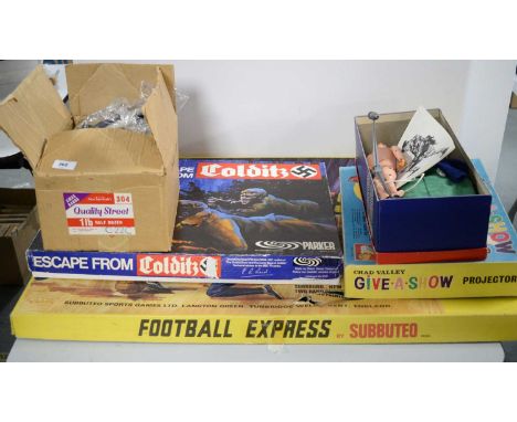 A selection of vintage models and games, including: Escape from Colditz, by Parker Games; Subbuteo Football Express; and a Ch