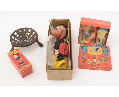 Cussons Disneyland Television Set baby powder and Donald Duck soap, boxed; a Mickey Mouse Cussons toilet soap box (no soap); 