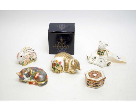 A selection of Royal Crown Derby ceramic paperweights, including: Baby Rowsley Rabbit, Exclusive for Sinclairs, with box; Cat