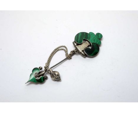 A Victorian silver and malachite cloak pin, by E.G. Bradford. 