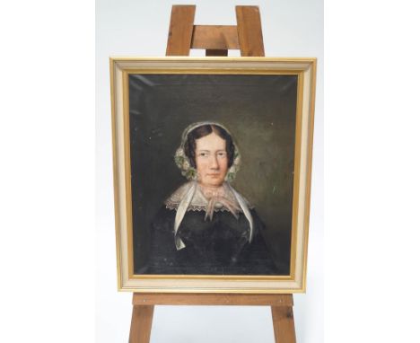 English School, circa 1888, Portrait of a lady wearing a lace bonnet and collar, oil on canvas,63.5cm x 50.5cm