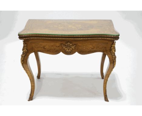 A 19th century Louis XVI style walnut and kingwood crossbanded  marquetry card table, the fold over top with inlaid central p