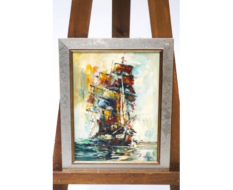 R Daly, Ship in full sail, Oil on board, Signed lower right, 41cm x 30cm
