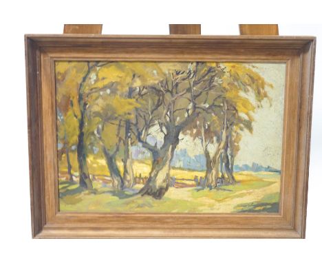 English school, second quarter of 20th century, Trees in a landscape, Oil on panel, 30cm x 43cm