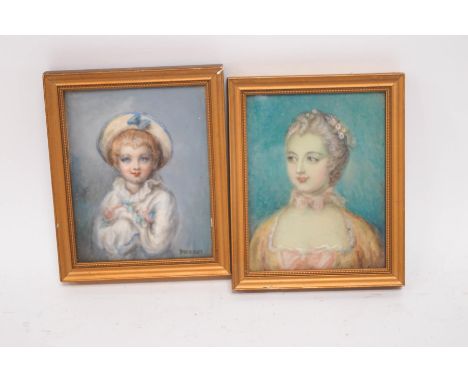 A pair of portrait miniatures, one of a boy wearing a sailor's outfit, the other of a young girl in 18th century style dress,