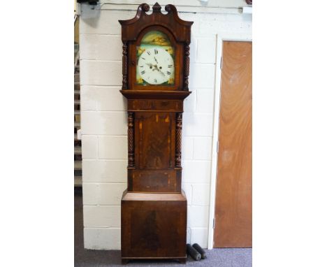 A 19th century mahogany longcase clock with eight day movement, the dial surround painted with scenes of figures and building