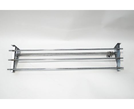 A chrome art deco wall mounted coat and hat rack, 95cm long x 18cm high x 23cm deep