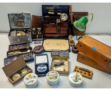A mixed lot to include an early 20th century travel stationary A/F, brass lamp, vintage tins, Egyptian style wax seals, carve