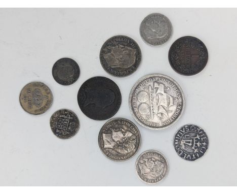 A group of 19th century and other coinage to include napoleon III 1 Franc 1852, 1868 and 1865 5 cents, 1893 Columbian Exposit
