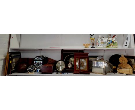 A group of late 20th century mantle clocks A/F, a Ken Broadbent collage of clock parts and mixed treen to include boxes and a