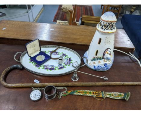 Collectables to include two silver pocket watches, a silver topped walking cane, a silver nickel coin, a lamp and other items