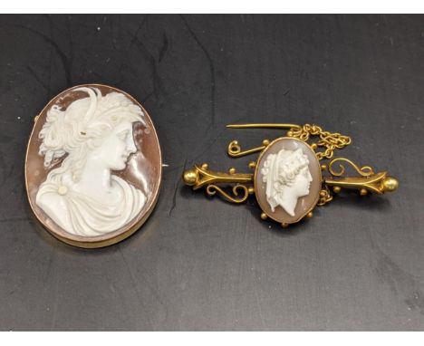 Two 9ct gold cameo brooches to include a stick pin brooch with beaded decoration, 10.7gLocation: 