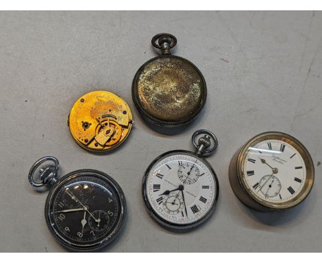 A group of three pocket watches to include a Hamilton having a black dial and subsidiary dials, a Rotherham chronograph, and 