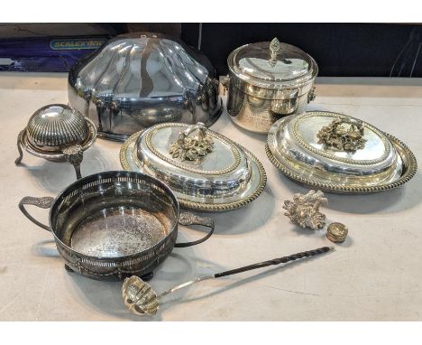A mixed lot to include a white metal toddy ladle, two silver plate entrée dishes and othersLocation: 