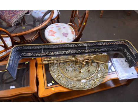 Mixed Lot: Fire tools, brass charger and a pierced brass fire fender