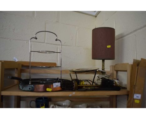 Mixed Lot: Copper frying pan, various fire tools, table lamp etc