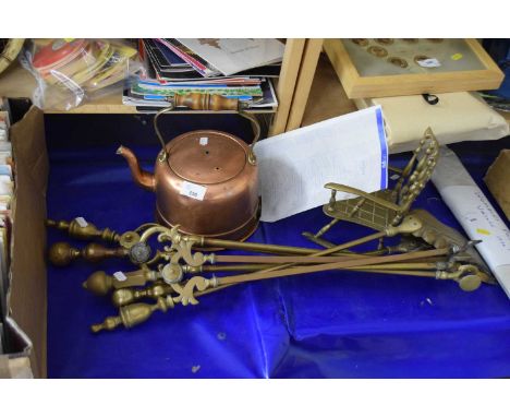 Copper kettle, brass fire tools and a brass model chair