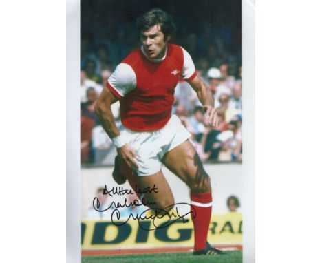 Malcolm Macdonald signed 16x12 inch colour photo playing for Arsenal. Good condition. All autographs come with a Certificate 