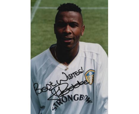 Lucas Radebe signed 6x4 inch Leeds United colour photo. Good condition. All autographs come with a Certificate of Authenticit