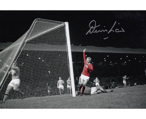 Autographed Denis Law 12 X 8 Photo : Colorized, Depicting Man United Centre-Forward Denis Law Celebrating In Typical Fashion 