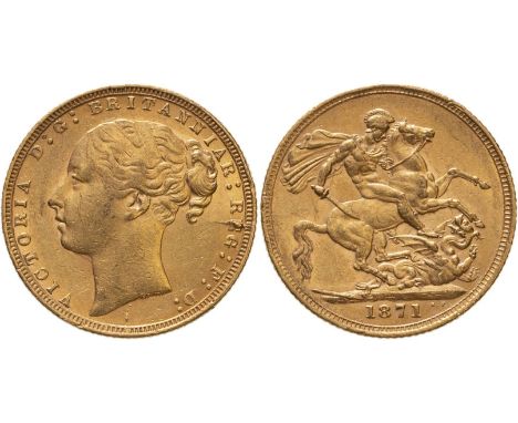 UNITED KINGDOM. Victoria, 1837-1901. Gold sovereign, 1871. London. Small BP. Young head of Victoria facing left, hair tied in