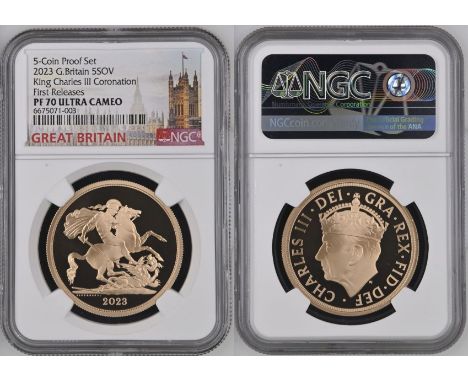 UNITED KINGDOM. Charles III, 2022-. Gold 5 pounds (5 sovereigns), 2023. Royal Mint. Proof. Crowned portrait of King Charles I