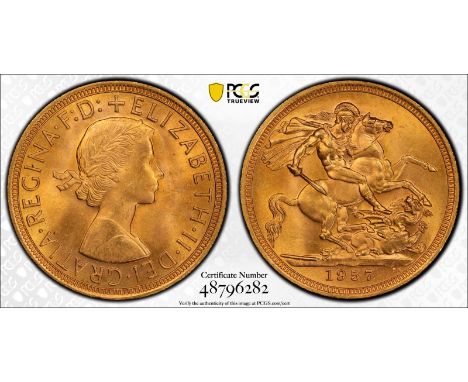 UNITED KINGDOM. Elizabeth II, 1952-2022. Gold sovereign, 1957. Royal Mint. First, laureate head of Elizabeth II facing right;