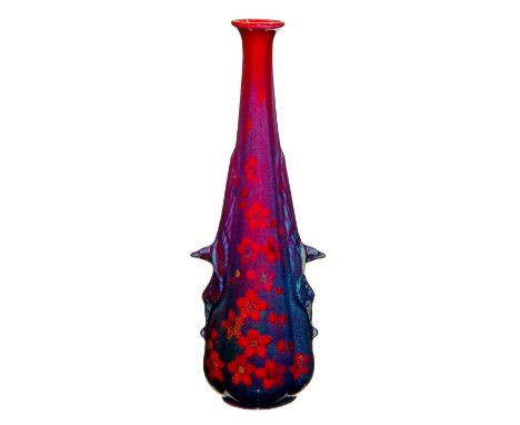 Gorgeous Sung flambe vase with a tapered neck, deep red flowers, orange flecks and hints of purple. As two light blue griffin